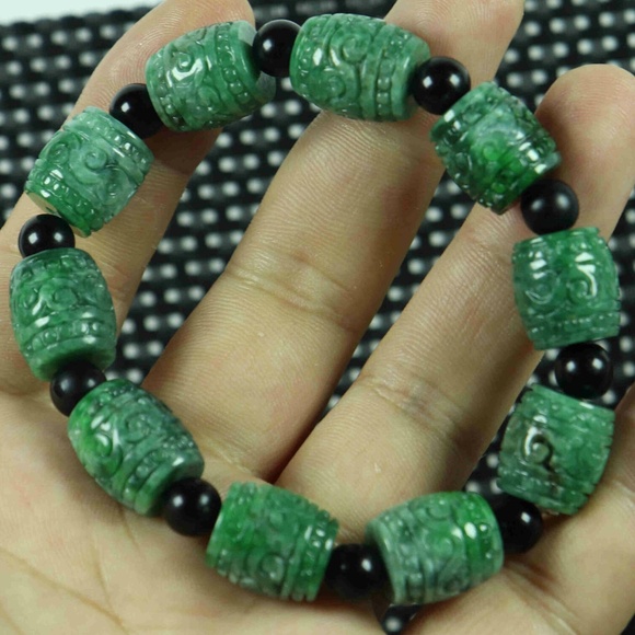 Dry Green Natural A Jade Jadeite Ancient pattern Bead Bracelet 路路通 - Picture 1 of 6